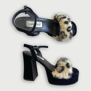 Y2k classified cheetah fur strap chunky heels